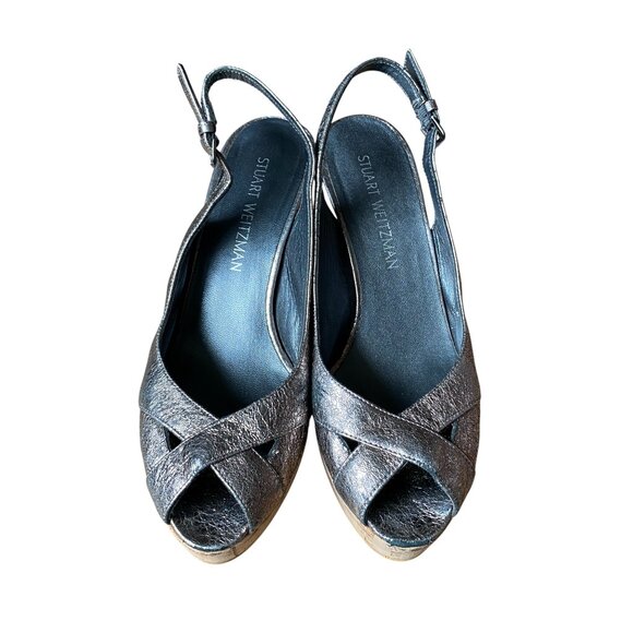 Stuart Weitzman - Silver Gray Metallic Slingback Cork Wedges Peep Toe - Size 8 - Picture 6 of 8